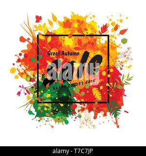 Black Text Great Autumn Sale in frame on multicolor blots background. Hand drawn grunge blots elements.Fall style for autumn sale. Stock Vector