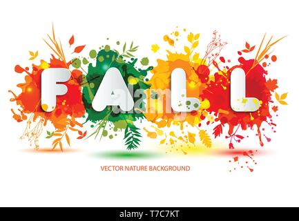 Text Fall in frame in paper style on multicolor blots background. Hand drawn grunge blots elrments.Fall style for autumn celebration. Stock Vector