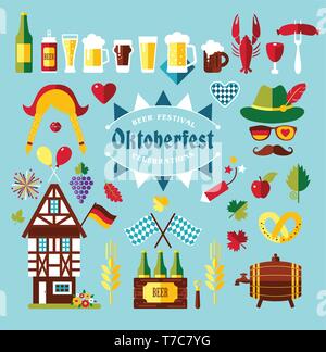 Flat design vector set icons with oktoberfest celebration symbols. Oktoberfest celebration design with Bavarian hat and autumn leaves and germany symb Stock Vector