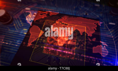 Cyber security concept with world map hologram over cpu in background. Concept of globalization, internet communication, global business and social ne Stock Photo