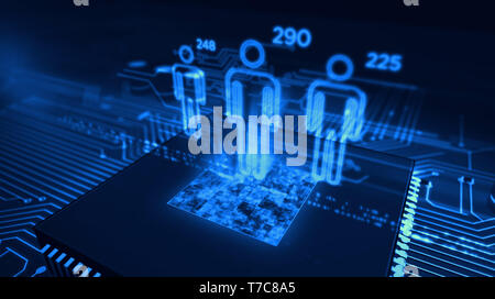 Social scoring concept with people symbols hologram over cpu in background. Circuit board 3d illustration. Futuristic concept of citizens analysing an Stock Photo
