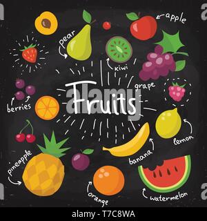 Vector chalkboard food poster with different fruits in flat style. Stock Vector