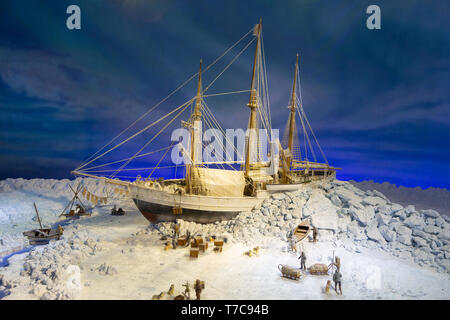 Model of an old ship stuck in ice of Antarctica Stock Photo