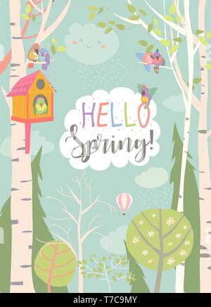 Cartoon frame with spring forest and birds Stock Vector