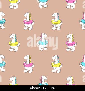 Cute dino in a lifebuoy doodle style seamless pattern. Hand drawn child pattern for clothes fabric and wallpaper. Stock Vector