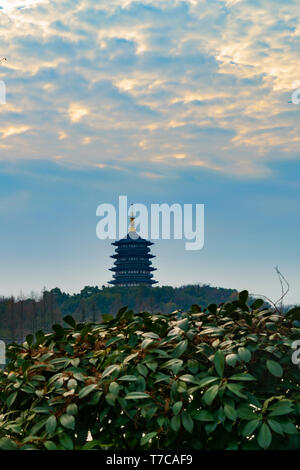 HANGZHOU, CHINA, DECEMBER - 2018 - Winter day scene at touristic west lake with leifeng pagoda at background, hangzhou city, china Stock Photo