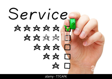 Satisfied client putting green check mark with marker on five star rating in evaluation feedback form. Customer service satisfaction business concept.