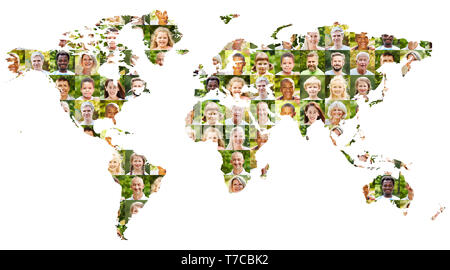 Outdoor portrait collage of people of different generations on world map as active society concept Stock Photo