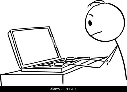 Vector cartoon stick figure drawing conceptual illustration of man or businessman working or typing on portable computer or laptop. Stock Vector