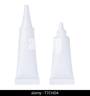Clean new white plastic tube. Small cream paste or liquid container open and closed isolated on white background. Stock Photo