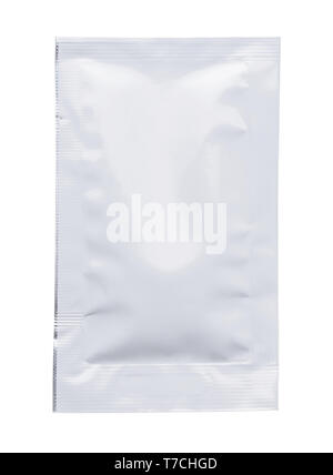 Clean white blank closed foil sachet with pre cut tear mark isolated on white background Stock Photo