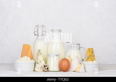 Dairy products on white wooden table Stock Photo