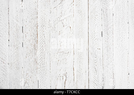 Old grunge white painted wooden planks table texture background flat lay top view Stock Photo