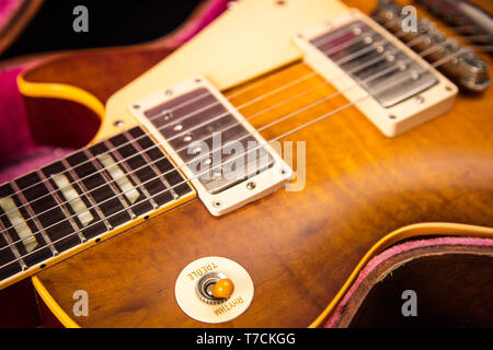 Gibson Les Paul Guitar known as 'The Burst' is an icon of guitar design. The guitar was used by notable players such as Eric Clapton and Peter Green Stock Photo