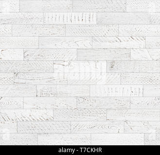 Seamless wooden planks texture. Vintage white painted and softly worn tileable white wood background flatlay top view. Stock Photo