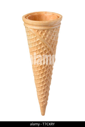 Empty blank ice cream waffle cone tilted isolated on white background Stock Photo