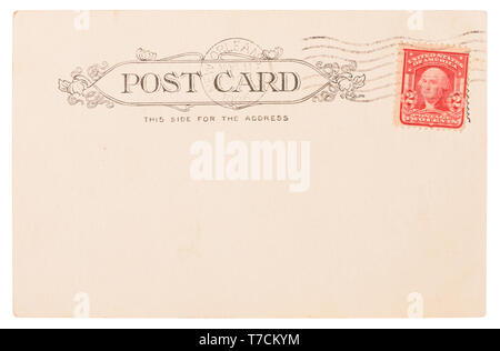 Antique post card from USA circa 1906 with New Orleans postal meter stamp and Washington postage stamp isolated on white background