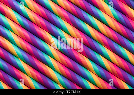 Retro psychedelic rainbow multicolored straws row abstract background Stock Photo