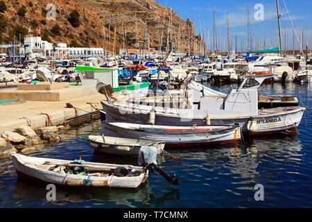 Boats on their moorings in Jåvea Port on the Costa Blanca, Spain Stock Photo