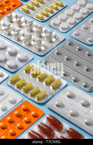 Pills in blisters variety closeup Stock Photo