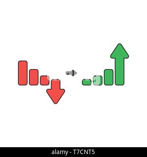 Vector icon concept of red sales bar chart with arrow moving down and green sales bar chart with arrow moving up. Stock Vector