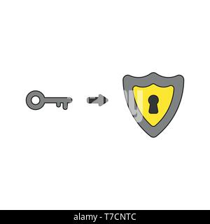 Vector icon concept of shield guard with keyhole and grey key. Stock Vector