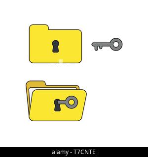 Vector icon concept of yellow closed and open folders with keyhole and key unlock. Stock Vector