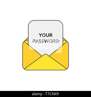 Vector icon concept of yellow open envelope with your password written on paper. Stock Vector