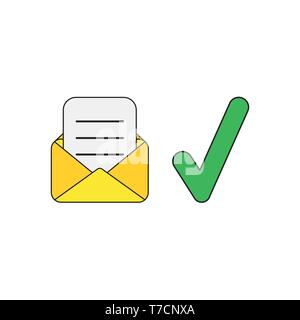 Vector icon concept of open yellow envelope with written paper and green check mark. Stock Vector