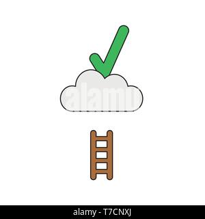 Vector icon concept of green check mark on cloud with short wooden ladder. Stock Vector