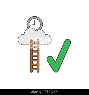 Vector icon concept of clock time on cloud with wooden ladder and green check mark. Stock Vector
