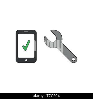 Vector icon concept of black smartphone with green check mark and grey spanner. Stock Vector