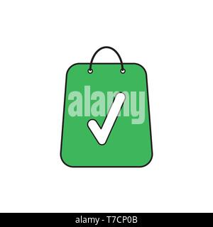 Vector icon concept of green shopping bag with check mark. Stock Vector