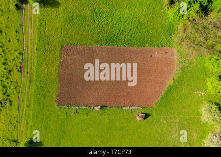 Aerial view of a plowed agricultural field in the middle of a meadow Stock Photo