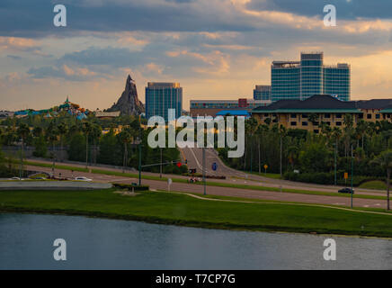 Orlando, Florida. April 18, 2019. Panoramic view of Volcano Bay water park, Aventura Hotel and Cabana Bay Beach Resort and Spa at Universal Studios ar Stock Photo