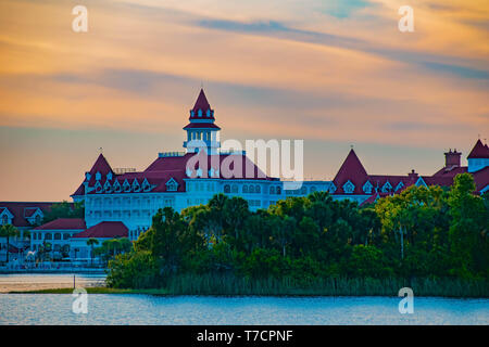 Orlando, Florida. April 23, 2019. Disney's Grand Floridian Resort & Spa on beautiful sunset background at Walt Disney World  area  (4) Stock Photo