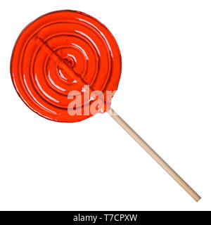 Big red lollipop transparent sugar candy on wooden stick isolated on white background Stock Photo
