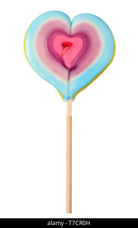 Heart shaped lollipop on wooden stick isolated on white Stock Photo