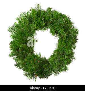 Natural green christmas wreath fir tree xmas decoration blank circle isolated on white background Stock Photo