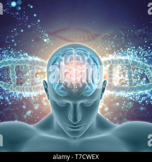 3D render of a medical background with male figure with brain highlighted on DNA strands Stock Photo