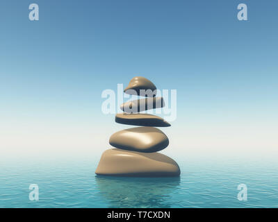 3D rendering of balancing Zen stones in water with blue sky and