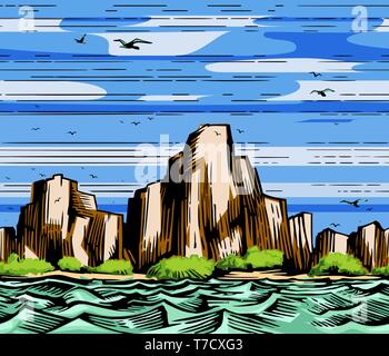 Sea cliffs and seagulls, landscape Stock Vector