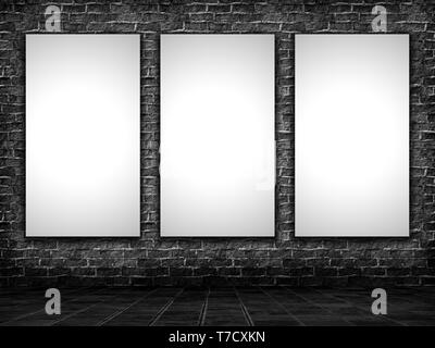 3D render of blank pictures hanging in a grunge interior with brick wall and tiled floor Stock Photo