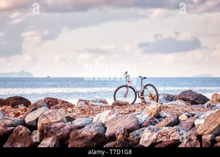Vintage old rusty red bicycle parked on the rocks of a breakwater with sea and sky background