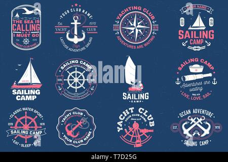 Sailing camp badge. Vector illustration. Concept for shirt, print, stamp or tee. Vintage typography design with man in sailboats silhouette. Sailing on small boat. Ocean adventure. Classic water sport Stock Vector