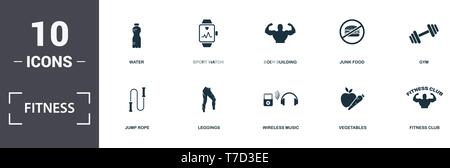 Fitness icons set collection. Includes simple elements such as Water, Sport Watch, Body Building, Junk Food, Gym, Leggings and Wireless Music premium  Stock Vector