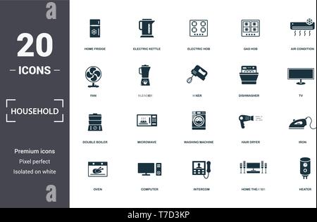 Household icons set collection. Includes simple elements such as Home Fridge, Electric Kettle, Electric Hob, Gas Hob, Air Condition, Microwave and Was Stock Vector