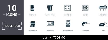 Household icons set collection. Includes simple elements such as Home Fridge, Electric Kettle, Electric Hob, Gas Hob, Air Condition, Microwave and Was Stock Vector