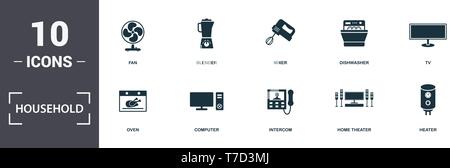 Household icons set collection. Includes simple elements such as Fan, Blender, Mixer, Dishwasher, Tv, Computer and Intercom premium icons. Stock Vector