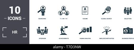 Human Resources icons set collection. Includes simple elements such as Searching, Teamwork, Resume, Global Search, Selection, Achievements and Human A Stock Vector